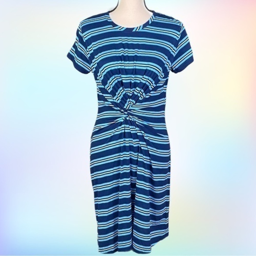 KENNETH COLE blue and white striped, twist front t-shirt dress. Size Small. EUC